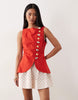 linen blend vest mini dress with poplin skirt in red polka dots