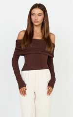 Jolie Top - Off Shoulder Long Sleeve Gathered Top in Chocolate