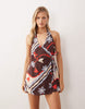 cotton linen blend halter neck wrap mini sundress in burgundy scarf print