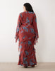 Curve draped raw edge ruffle trim long sleeve maxi dress in floral print