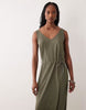 JDY Tall tie waist linen blend maxi dress in khaki