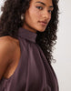 halter neck blouson satin maxi dress in chocolate brown