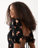 Miss Selfridge seersucker puff sleeve milkmaid maxi dress in dark floral print