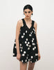 v-neck smock poplin mini sundress with lace overlay in black and white polka dots