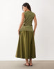 linen look vest midaxi dress with poplin skirt in olive