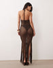 Kaiia exclusive premium halterneck crochet tassel hem maxi dress in chocolate