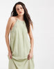 Object textured halter neck maxi dress with embroidery in sage green