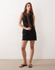 slash neck mini sundress with sculpted bust and eyelet hem in black