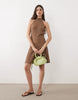 textured halter neck mini dress in brown