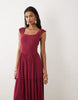 Vila shirred bodice tiered maxi dress in wine red