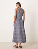 waisted v neck maxi dress with seaming details in blue gingham