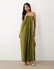 draped strapless maxi dress in olive green