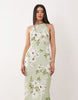 VILA racer neck satin midi dress in pale green floral print