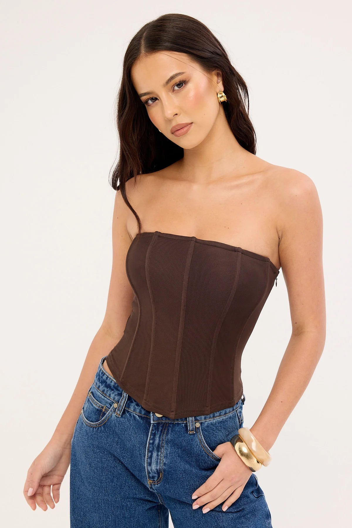 Luck & Trouble Bruna Strapless Mesh Corset Top Brown