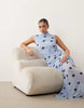 printed polka dot ruched drop waist circle dress with grown-on neck in blue