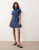 denim pleat hem shirt dress in midwash blue