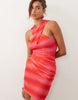 Ruched & Ready mesh cross front racer neck draped waist detail mini dress in red and pink ombré stripes