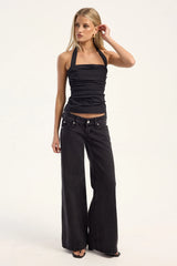 Luck & Trouble Sandler Ruched Halter Top Black