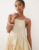 double cloth washed mini sundress with distressed ruffles and lace panels in tea stained wash