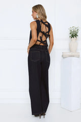 It-Girl Denim Crop Top Wide Leg Pants Set Dark Blue