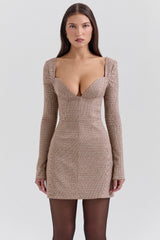 brown puppytooth check plunge mini dress