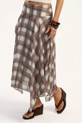 Luck & Trouble Rocco Asymmetrical Check Midi Skirt Brown Check