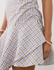 short sleeve mini dress with ruching tie waist detail in blue and brown plaid