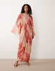 draped cape bodice with skirt and open back with tassel detail maxi dress in pink floral