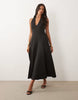 plunge neck structured full skirted midi dress in black scuba-style fabric