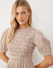 Wednesday's Girl shirred short sleeve mini dress in brown pinstripe