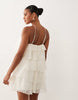 Gina Tricot mini frill halterneck mini dress with rose corsage in off white