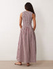 scoop neck crinkle maxi sundress with shirred waist in burgundy and cream gingham