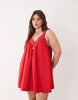 Curve poplin v-neck mini smock sundress with lace overlay in tomato red