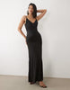 plissé contrast v-neck maxi dress with open back in black