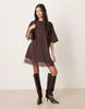 oversized mini dress with lace hem trim in chocolate brown