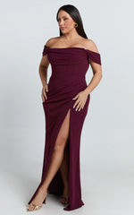 Marcel Maxi Dress - Off Shoulder Corset High Split Dress in Wine