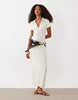 ribbed short sleeve polo midi dress in beige