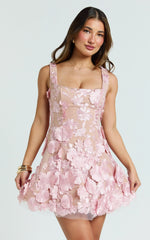 Sienna Mini Dress - 3D Floral Fit And Flare Dress in Pink