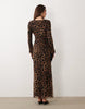 printed mesh asymmetric angel sleeve maxi dress in leopard