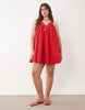 Curve poplin v-neck mini smock sundress with lace overlay in tomato red