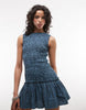 COLLUSION shirred high neck mini dress in blue gingham