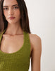 crinkle halter neck midi dress in olive