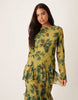 long sleeve ruffle chiffon maxi dress in green floral