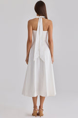 white cotton halter neck midi dress