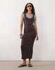 scoop neck with contrast blue binding maxi dress in brown
