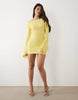 mesh waterfall sleeve ruched mini dress in yellow