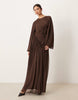 crinkle chiffon gathered maxi dress with micro ruffles in chocolate