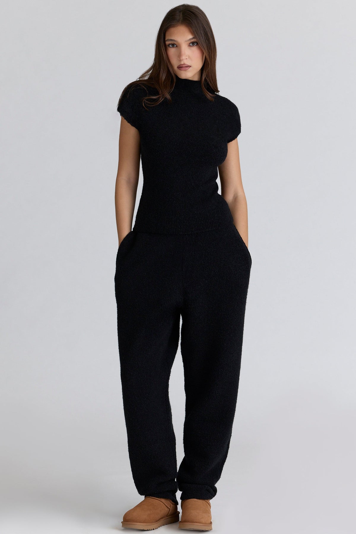 black wool boucle knit trousers
