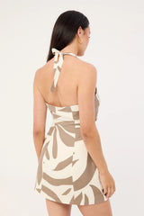 Perfect Stranger Shea Wrap Halter Mini Dress Taupe Print