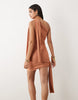 Aria Cove shimmer knit asymmetric shoulder drape detail tie side mini dress in orange